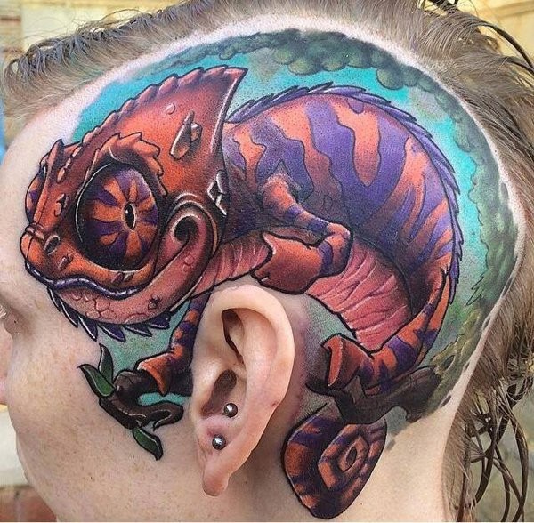 Cartoon style large funny looking head tattoo of big lizard
