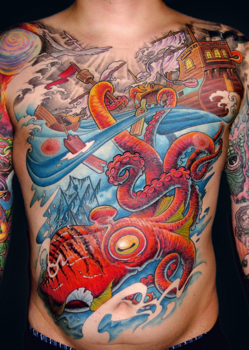 Cartoon style multicolored big whole chest and belly tattoo of massive octopus attacking sailing ship
