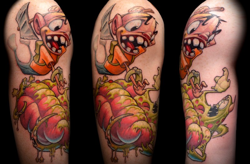 Cartoon themed colored shoulder tattoo of funny creatures