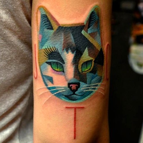 Tatuaggio colorato sul braccio il gatto poligonale