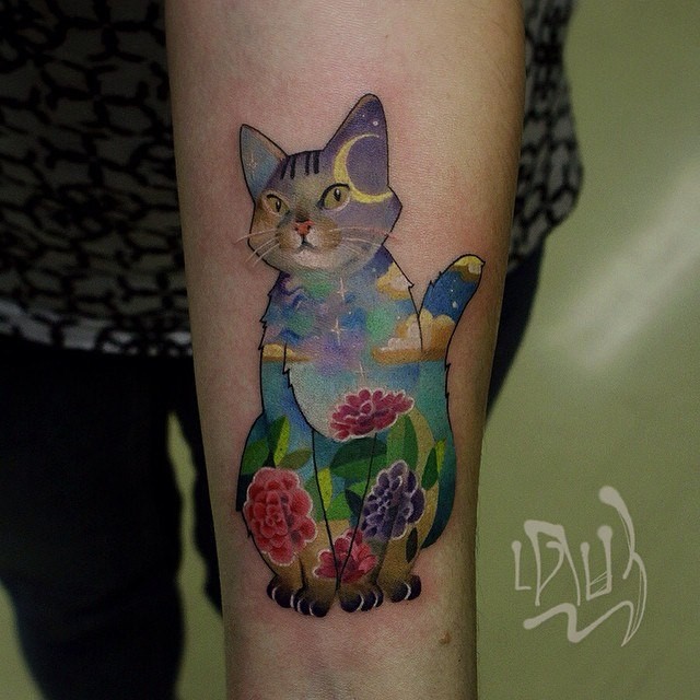 Cat shaped colored arm tattoo stylized with flowers and night sky
