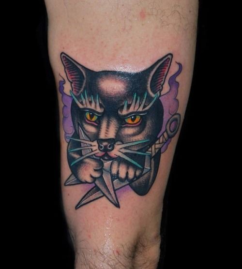 Tatuaje en el brazo,
gato aburrido con dagas