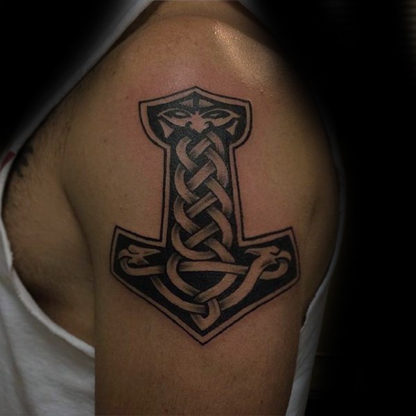 Celtic style black ink shoulder tattoo of anchor with knot