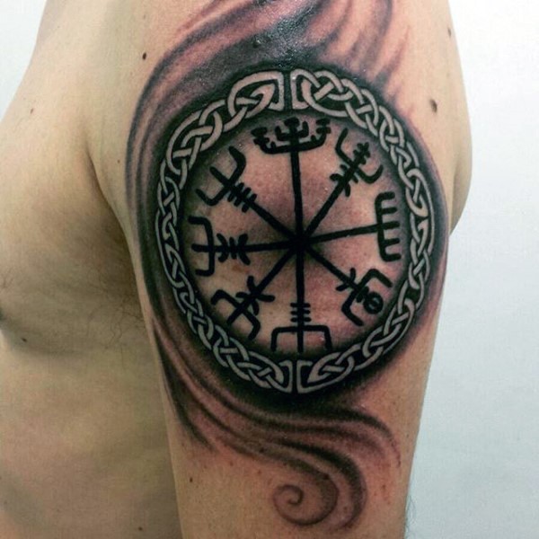 Celtic style black ink shoulder tattoo of mystical symbol