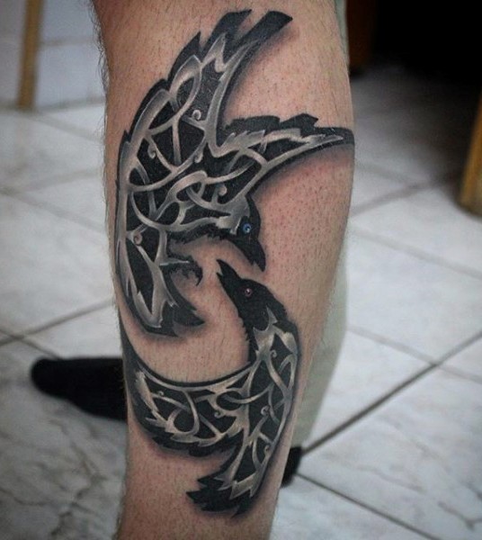 Celtic style colored leg tattoo of flying crows