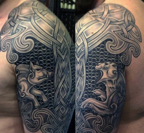 Celtic style colored shoulder armor tattoo stylized with various animals