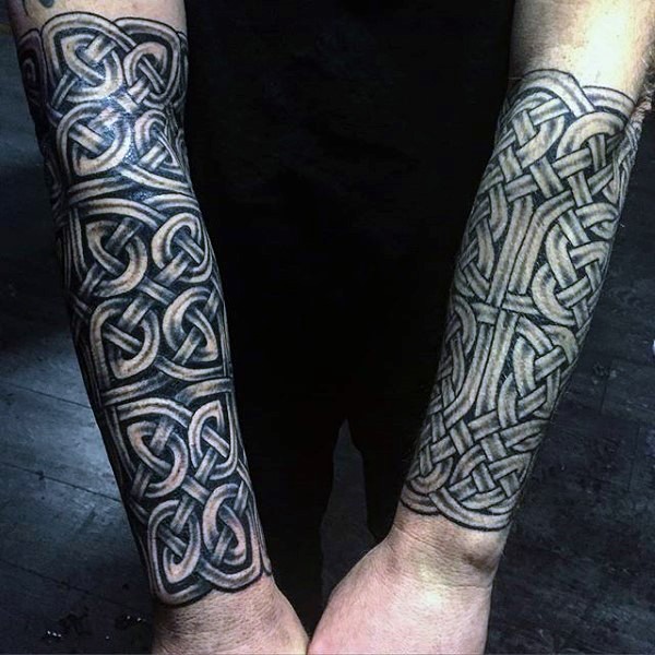Celtic style typical looking black ink forearm tattoo of various knots