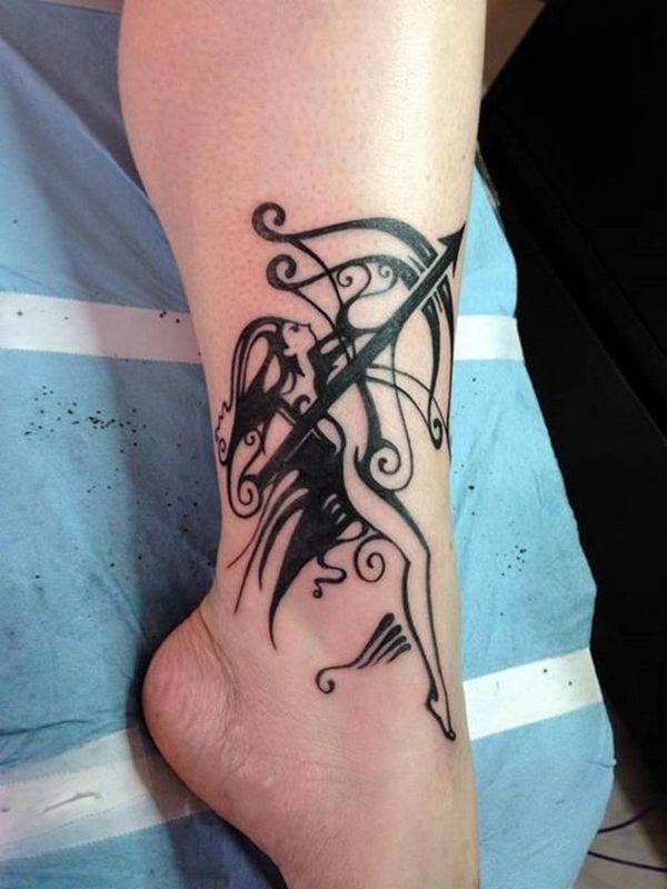 Charming design dark black ink lady Sagittarius tattoo on ankle