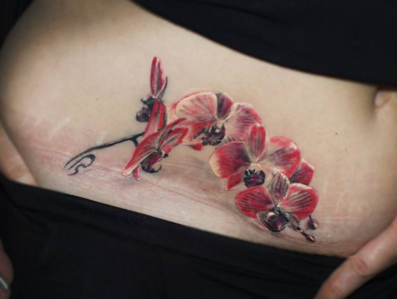 Charming traditionally pale red colored orchid blossoming branch tattoo on woman&quots lower belly