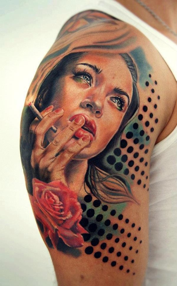 Charming young smoking lady 3D realistic colored portrait on shoulder with red rose and dots