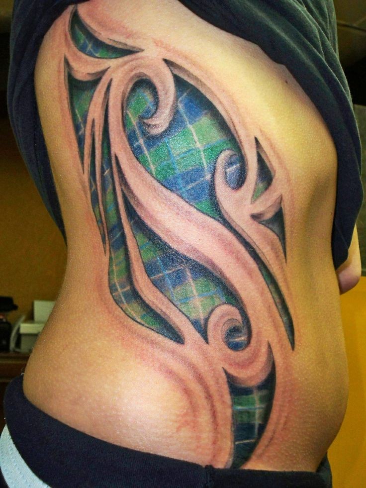 Checered blue with green pattern scotland tattoo on ribs