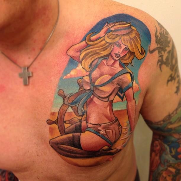Cheerful girl on beach pin up tattoo on chest