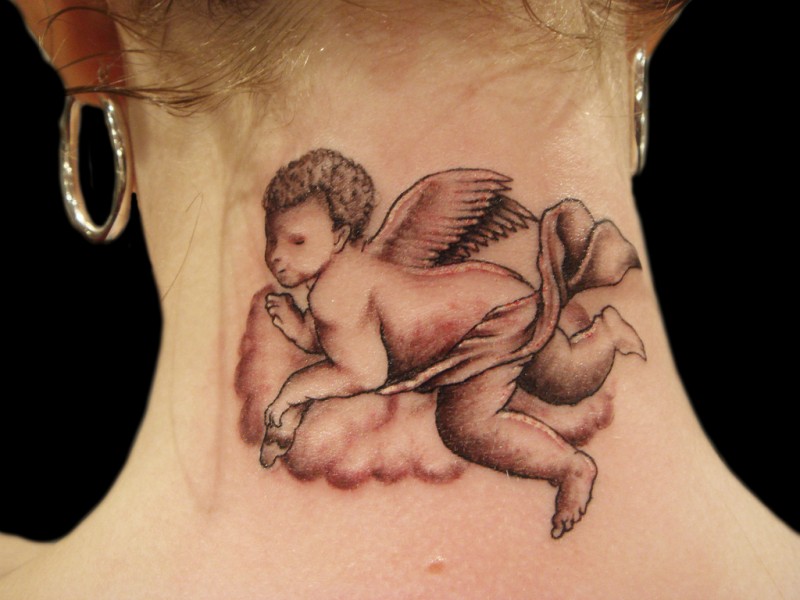 Cherub baby on a cloud tattoo on neck for men and girls