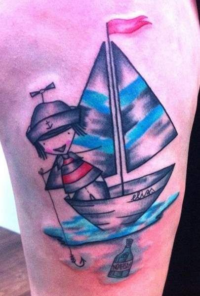 Tatuaje de chico en el bote pesca
