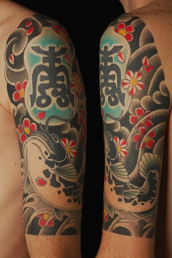 Chinese colorful tattoo with charaters on all hand