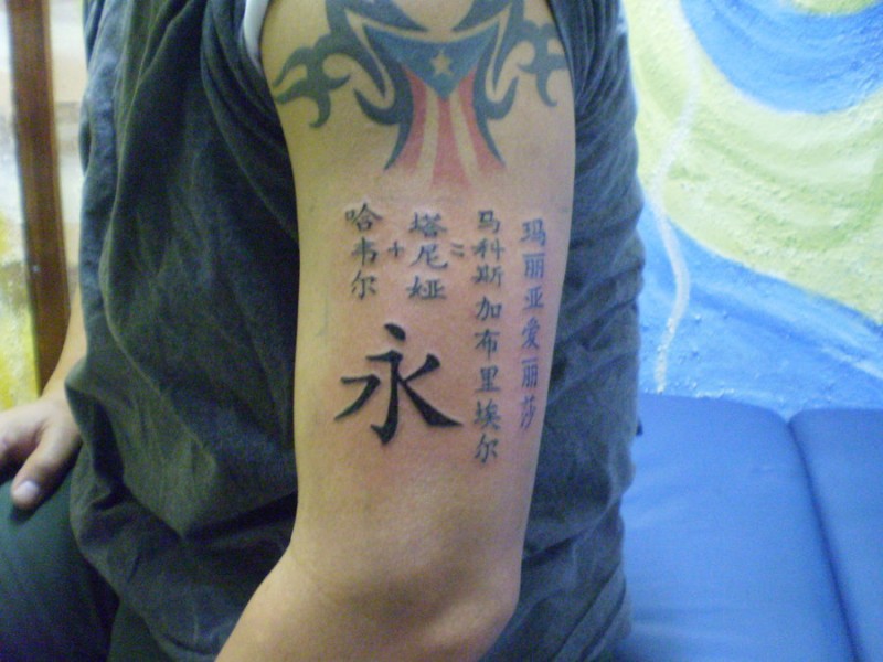 Tatuaje en el brazo, jeroglíficos grande y pequeños