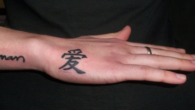 Chinese love symbol tattoo on the edge of the hand