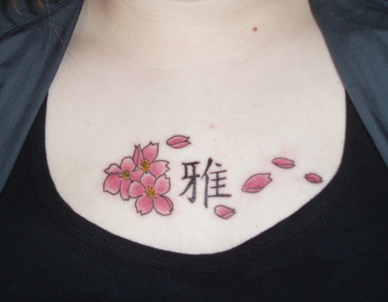 Chinese symbol name tattoo with cherry blossom flowers
