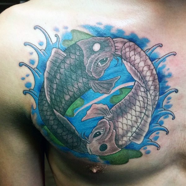 Circle shaped Asian oriental style Pisces colored chest tattoo with water splashes