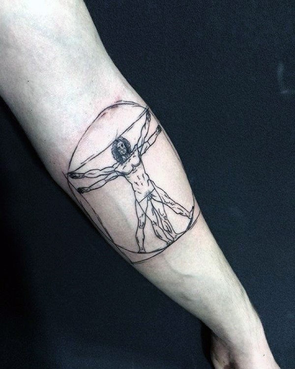 Circle shaped black ink forearm tattoo of Vitruvian man picture