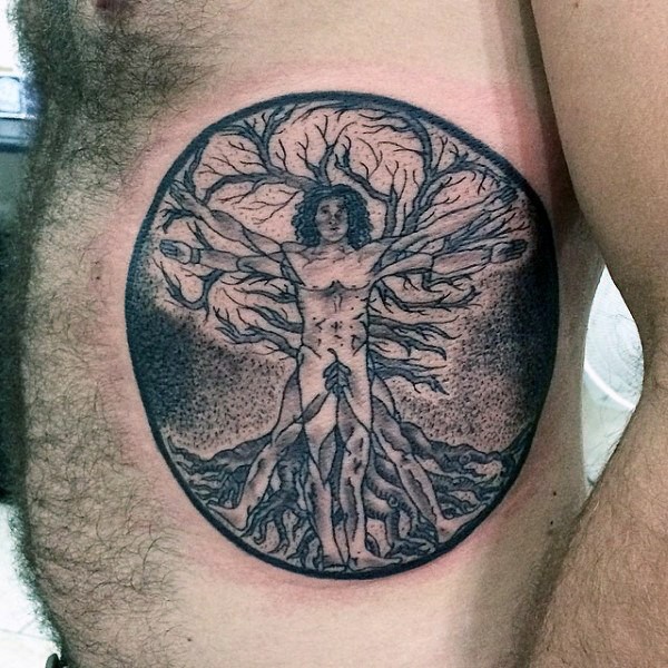 Circle shaped black ink side tattoo of Vitruvian man with tree