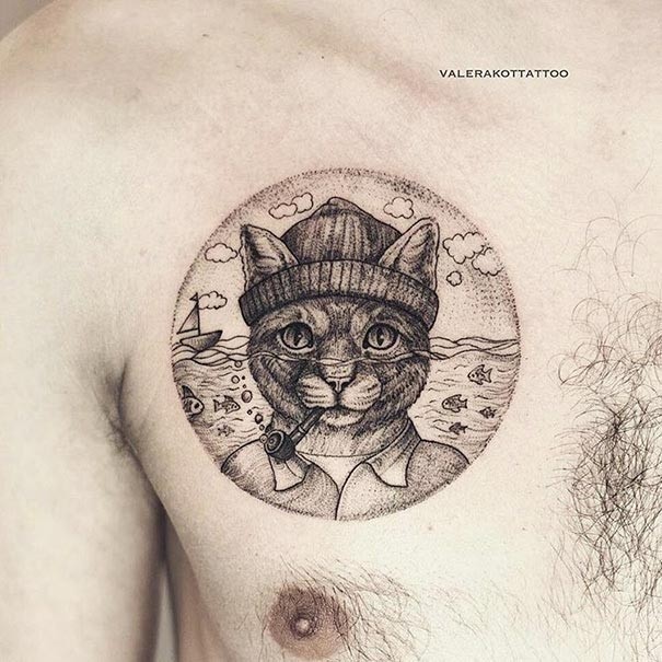 Tatuagem de peito de estilo de ponto em forma de círculo de gato fumegante com chapéu