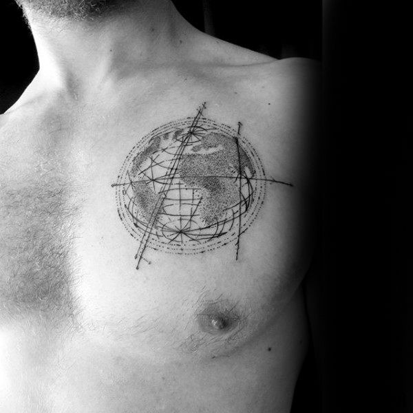Circle shaped dotwork style chest tattoo of planet