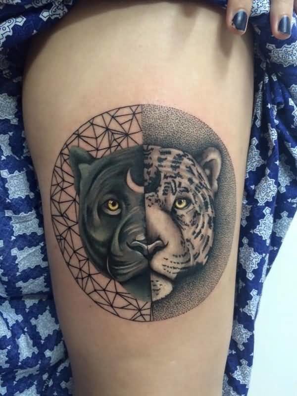 Circle shaped realistic looking tattoo of separated leopard head and black panther head
