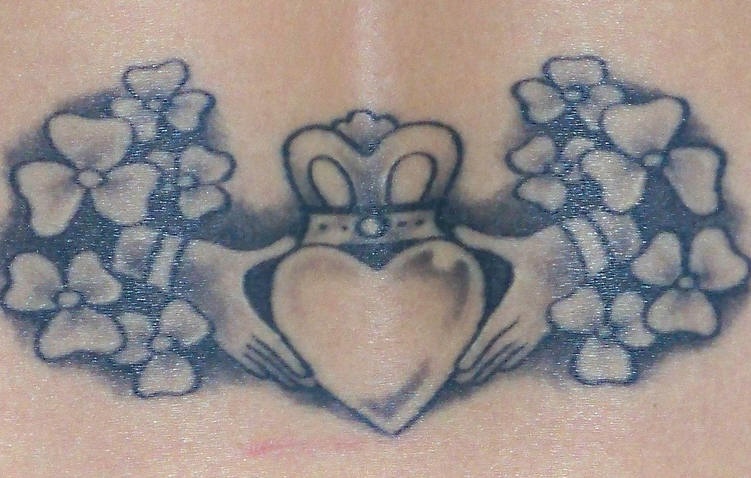 Claddagh heart with clovers tattoo