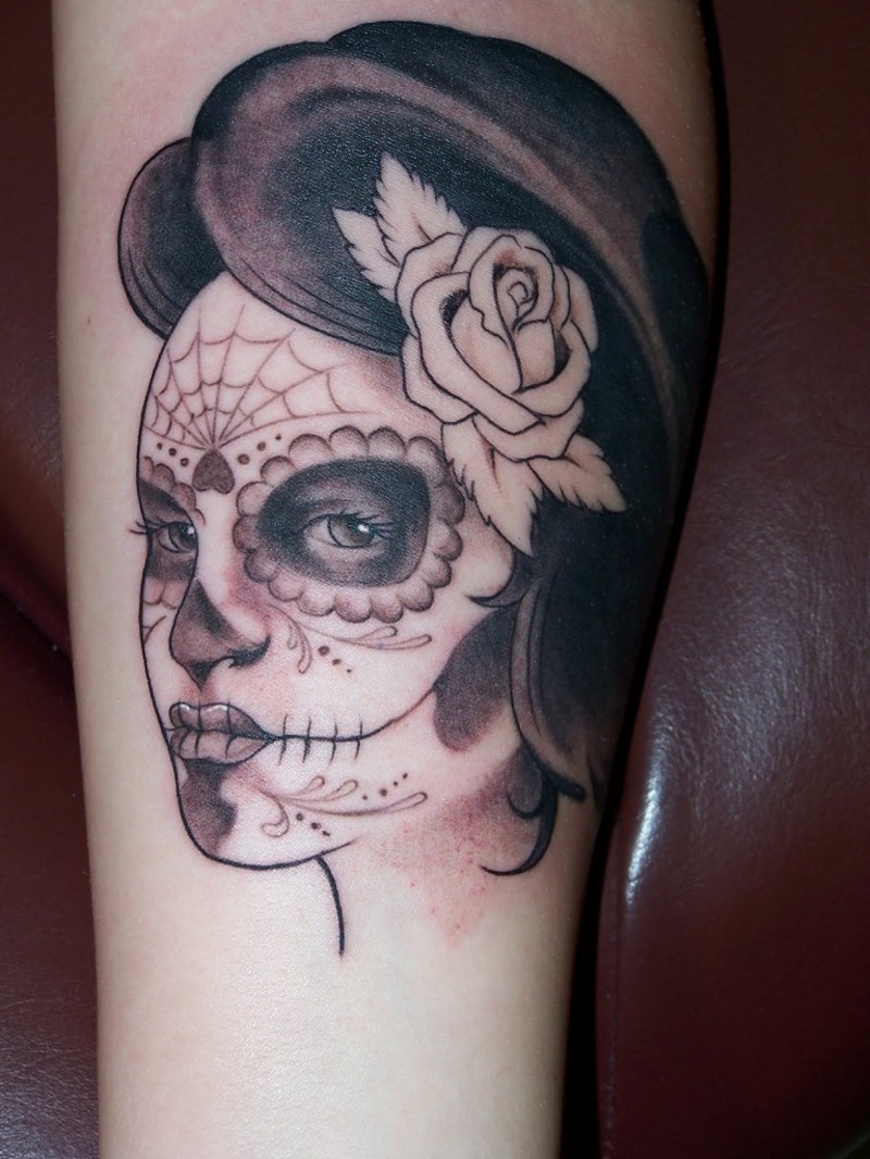 Classic mexican santa muerte girl tattoo