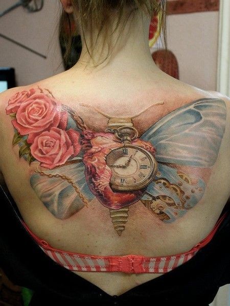 Collage of butterflies and hours with roses and hearts tattoo