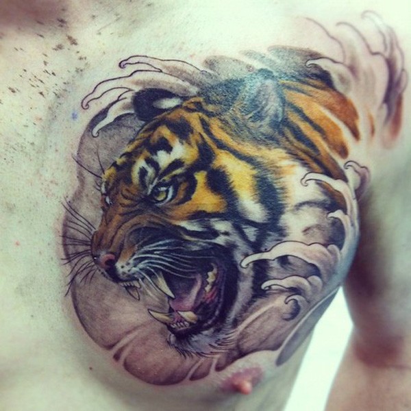 Color tiger in waters tattoo on chest
