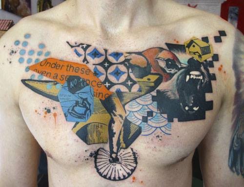 Colored abstract style chest tattoo of various symbols with lettering