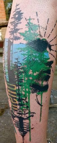 Colored abstract style tattoo of human face with forest