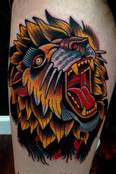 Colored amazing looking thigh tattoo of roaring head