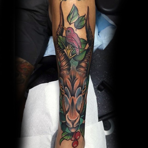 Colored arm tattoo of goat head with little bird