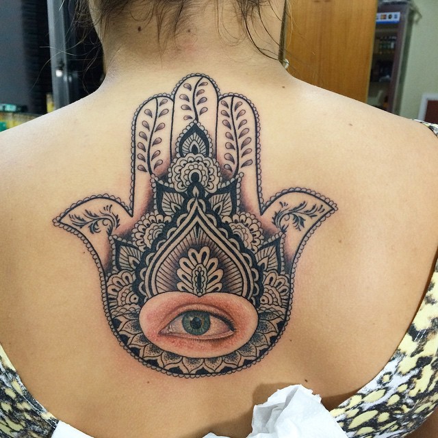 Colored back tattoo of Egypt symbol with eye