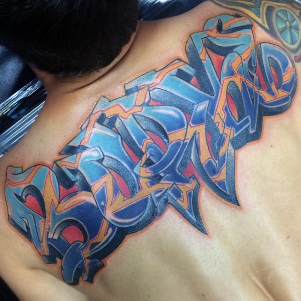 Colored big upper back tattoo of graffiti lettering