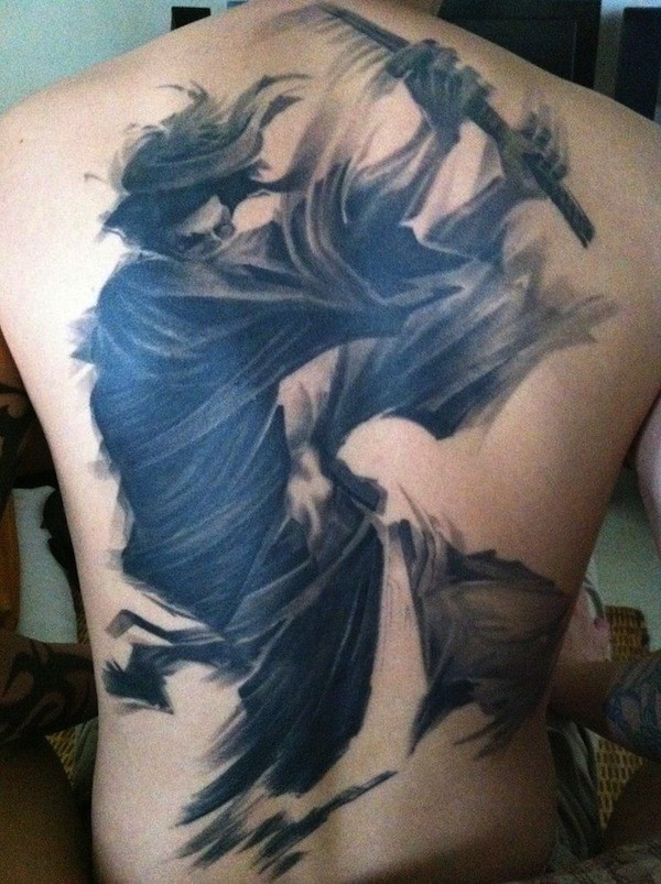 Colored black and white whole back tattoo of samurai warrior