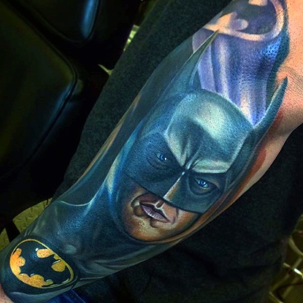 Colored cartoon style forearm tattoo of Batman