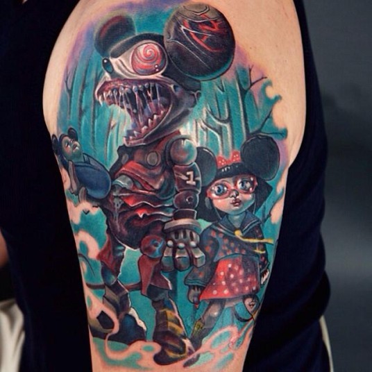 Colored cartoon style shoulder tattoo of creepy mouse