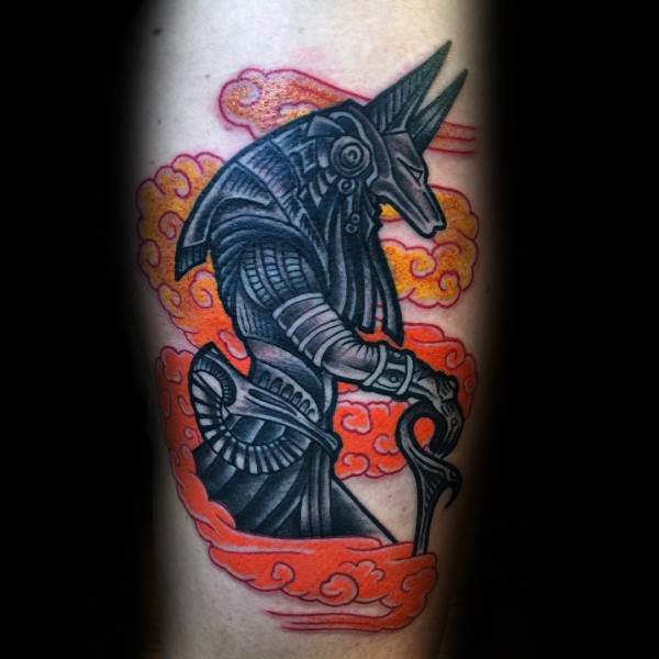Colored cartoon style tattoo of Egypt God Anubis with clouds
