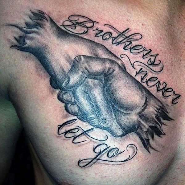 Colored chest tattoo of human hand shake with lettering