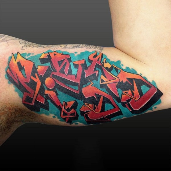 Colored colored biceps tattoo of graffiti lettering
