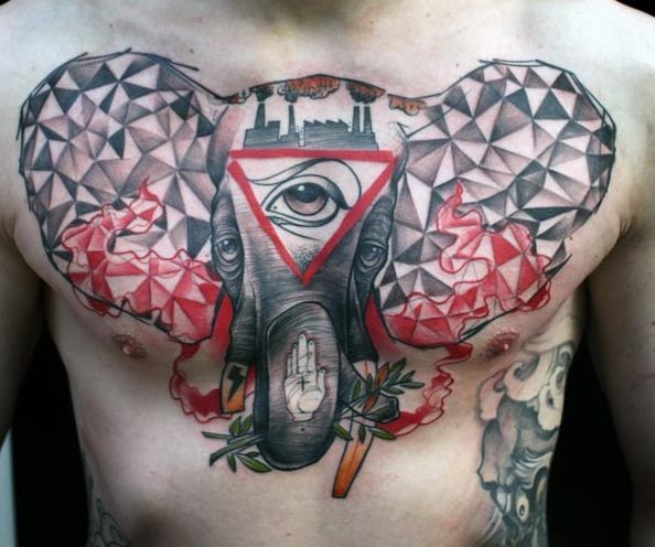 Colored creative chest tattoo of elephant stylized with original ornaments