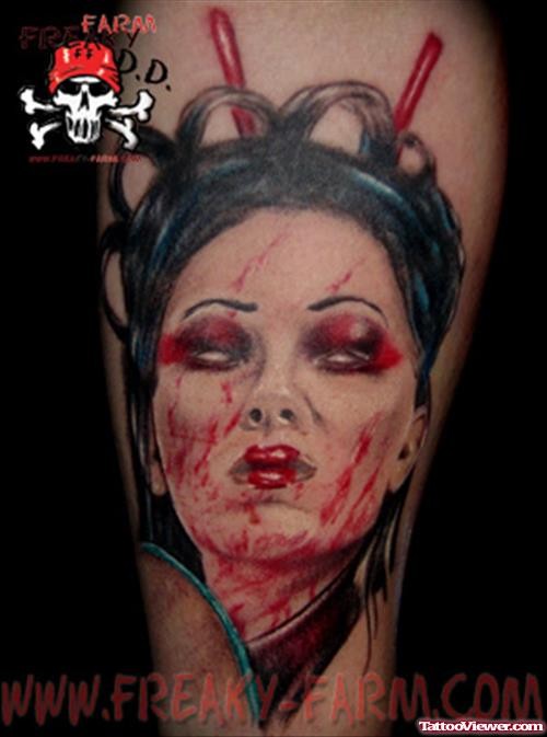 Colored creepy looking demonic geisha portrait tattoo