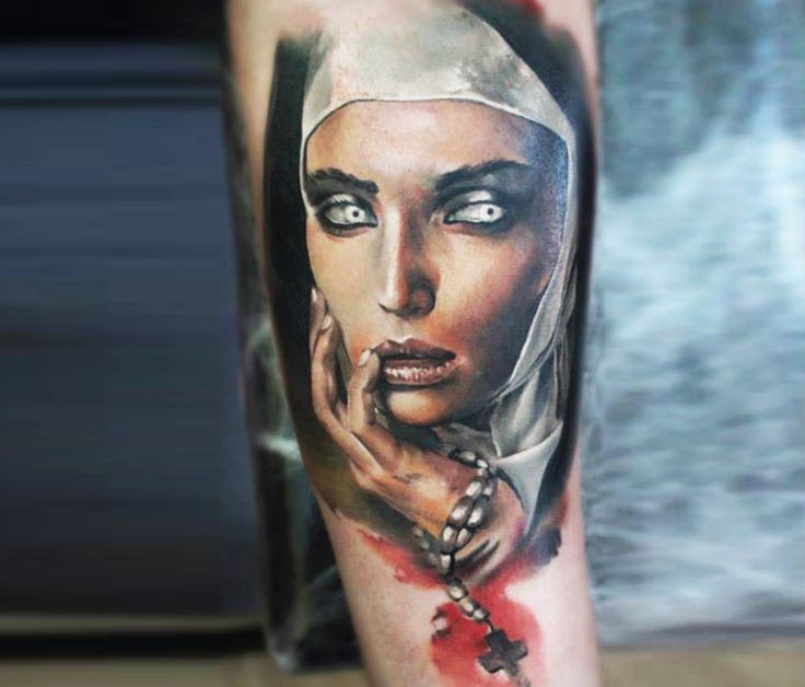 Colored creepy looking tattoo of creepy nurse with cross