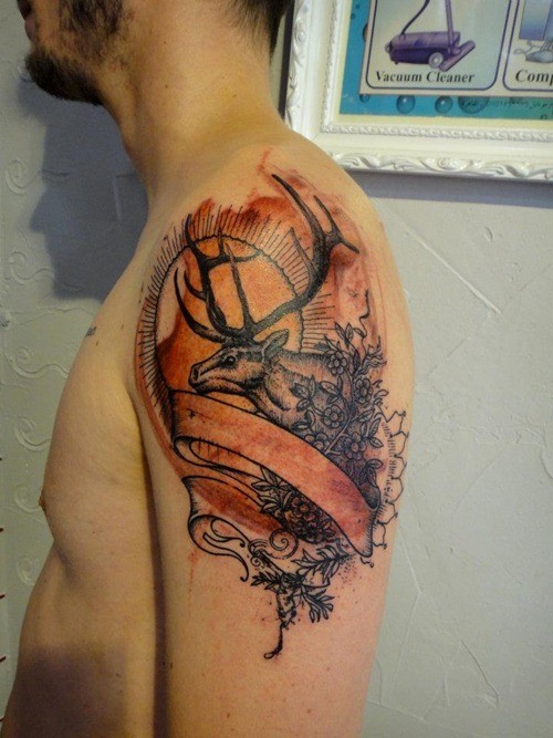 Colored engraving style shoulder tattoo of deer with plant and ribbons