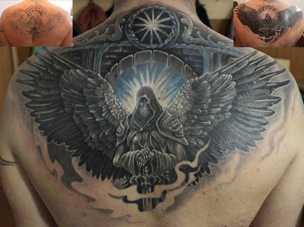 Colored fantasy style colored upper back tattoo of angel warrior