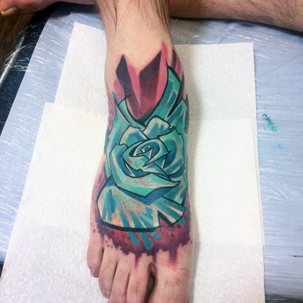 Colored foot tattoo of blue rose